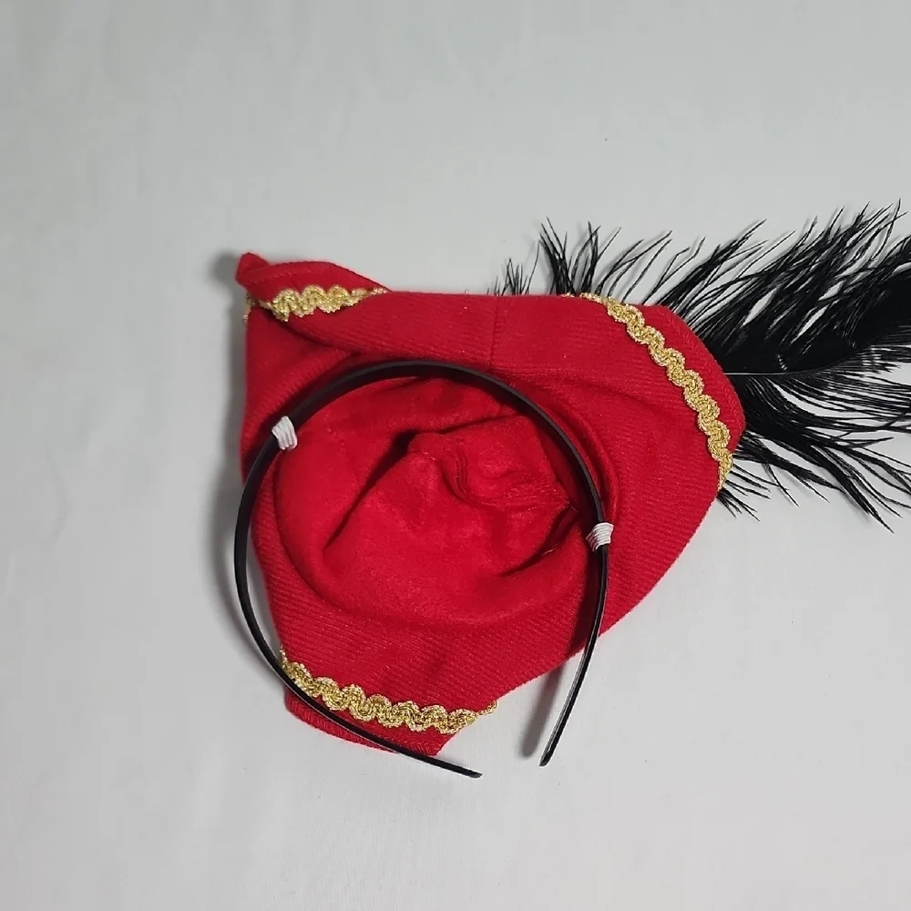 Source Unknown Red Fascinator with Black Feather and Gold Accents